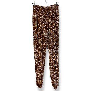 Batik Lounge Pants Brown Abstract Pattern Stretch Waist Ankles Boho Hippie‎